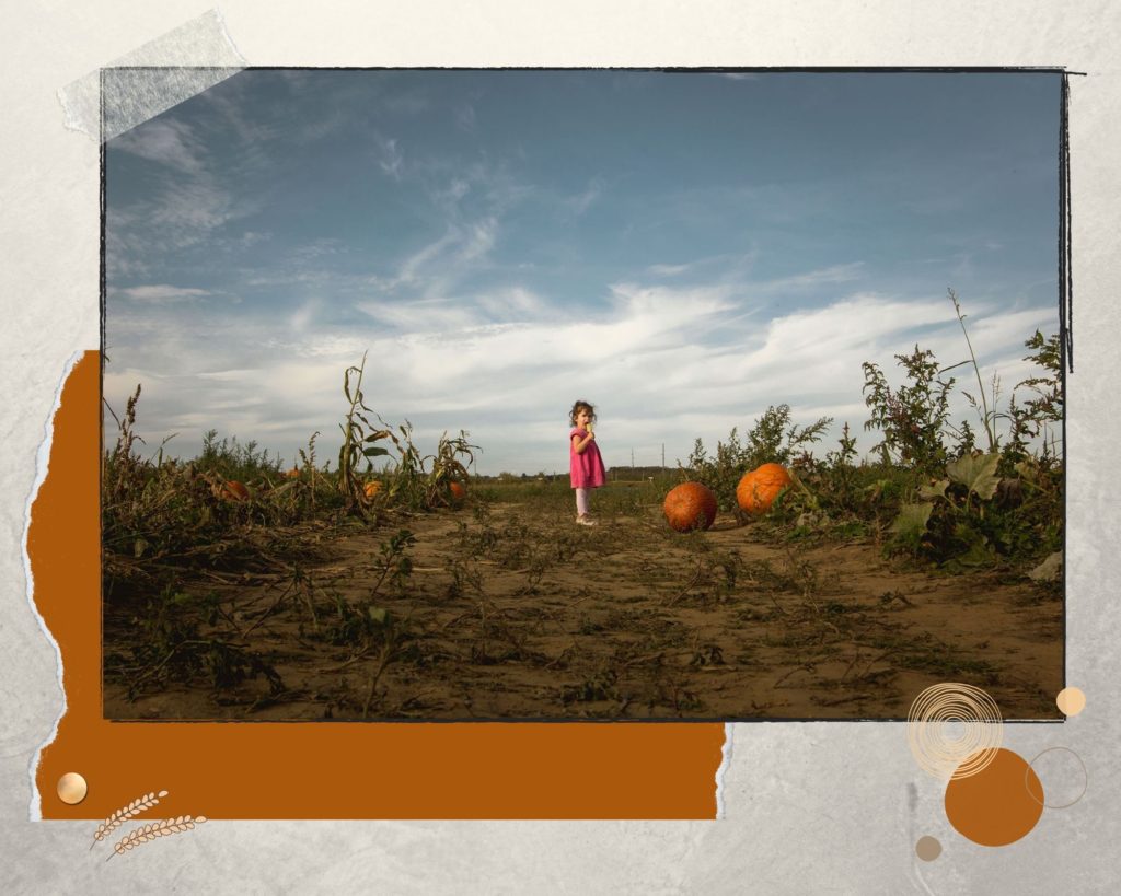 Child at the pumpkin patch with cloudy sky behind her