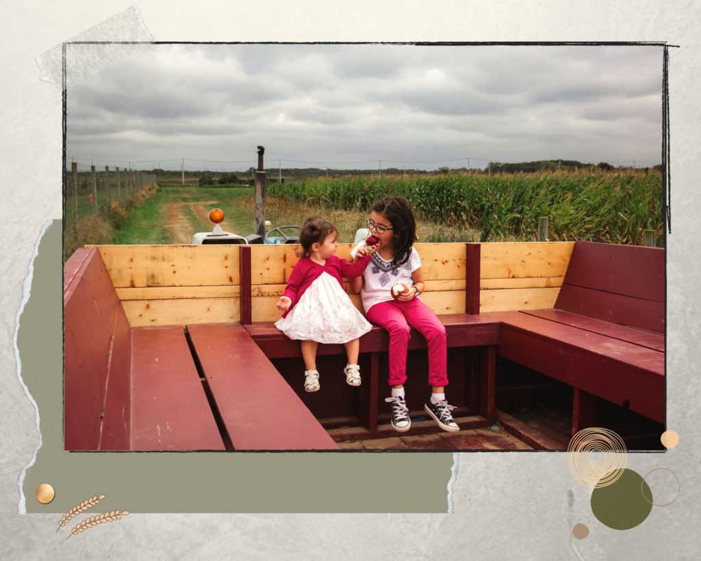 Two kids on a tractor ride at the pumpkin patch