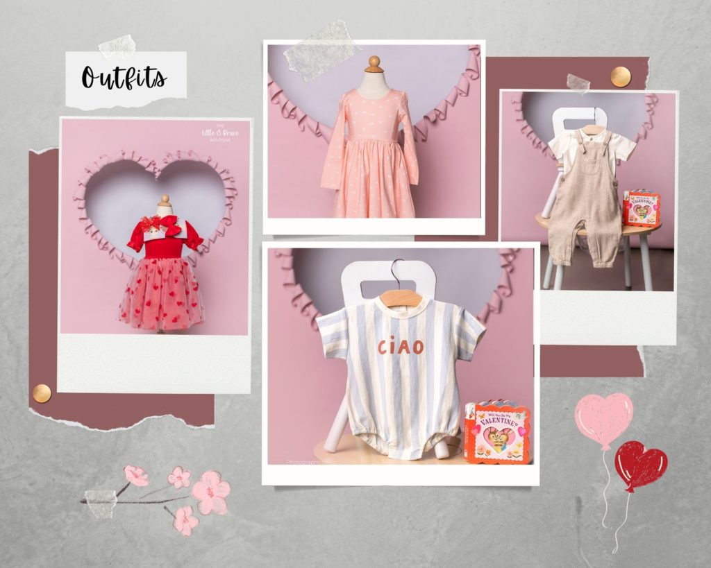 Red dress with red hearts, onesie with writing that says ciao, peach pink dress with white hearts, beige overalls for boys.